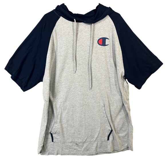 Champion Men's 2XL Short Sleeve Hoodie Raglan Gray & Navy EUC - Picture 1 of 10